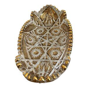 Vintage Clear & Gold Pressed Glass Oval Dish With Intricate Starburst & Geometri